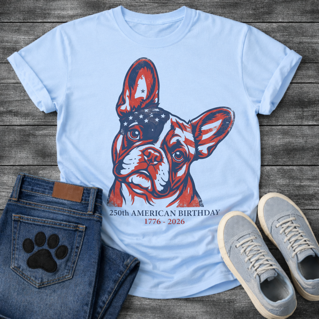 French Bulldog portrait with American flag pattern and 250th American Birthday 1776-2026 typography graphic tee