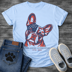 French Bulldog portrait with American flag pattern and 250th American Birthday 1776-2026 typography graphic tee