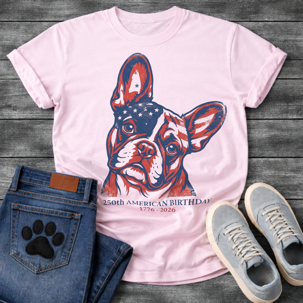 French Bulldog portrait with American flag pattern and 250th American Birthday 1776-2026 typography graphic tee