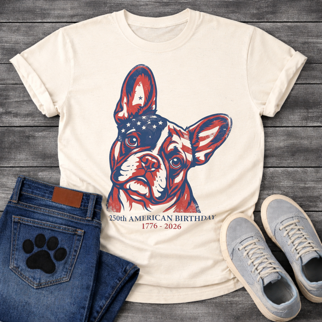 French Bulldog portrait with American flag pattern and 250th American Birthday 1776-2026 typography graphic tee