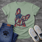 French Bulldog portrait with American flag pattern and 250th American Birthday 1776-2026 typography graphic tee