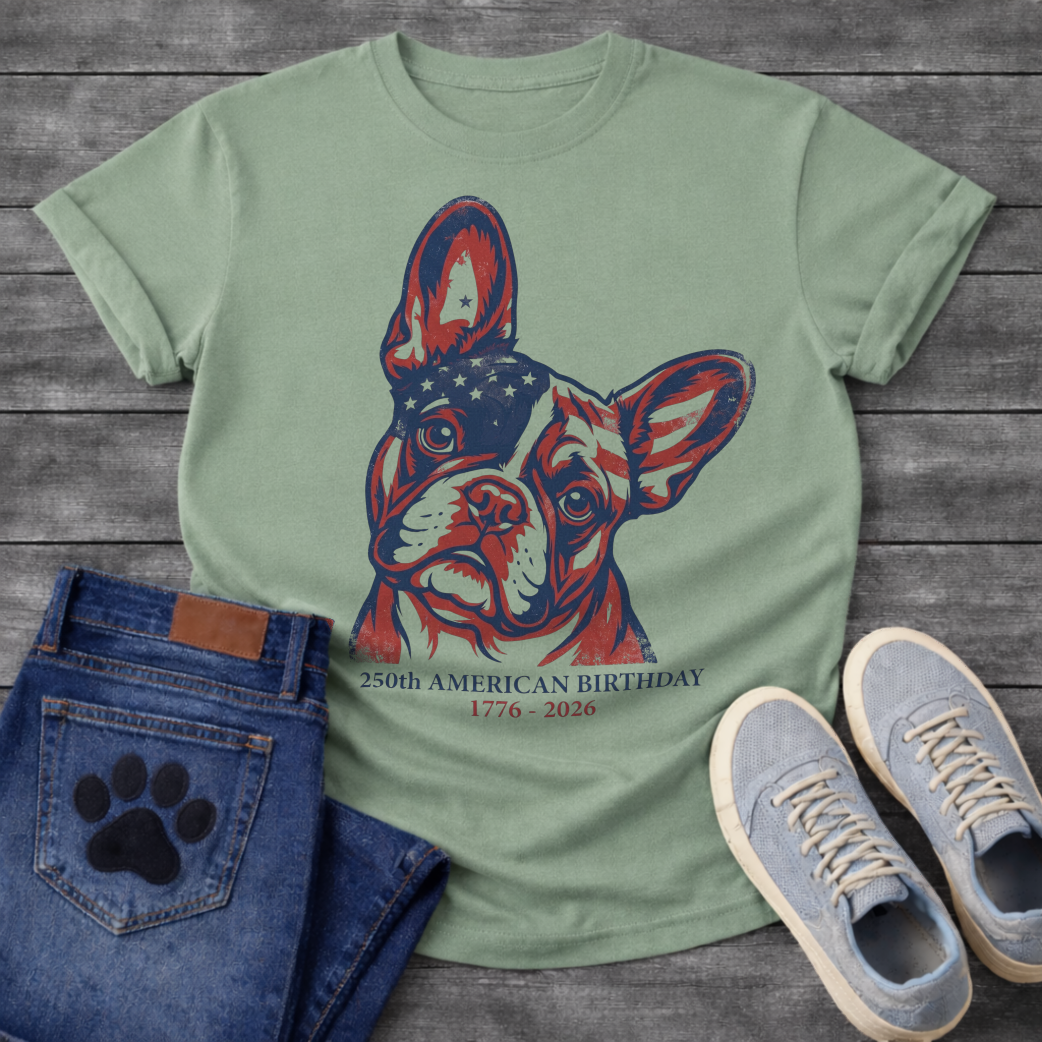 French Bulldog portrait with American flag pattern and 250th American Birthday 1776-2026 typography graphic tee