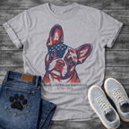 French Bulldog portrait with American flag pattern and 250th American Birthday 1776-2026 typography graphic tee