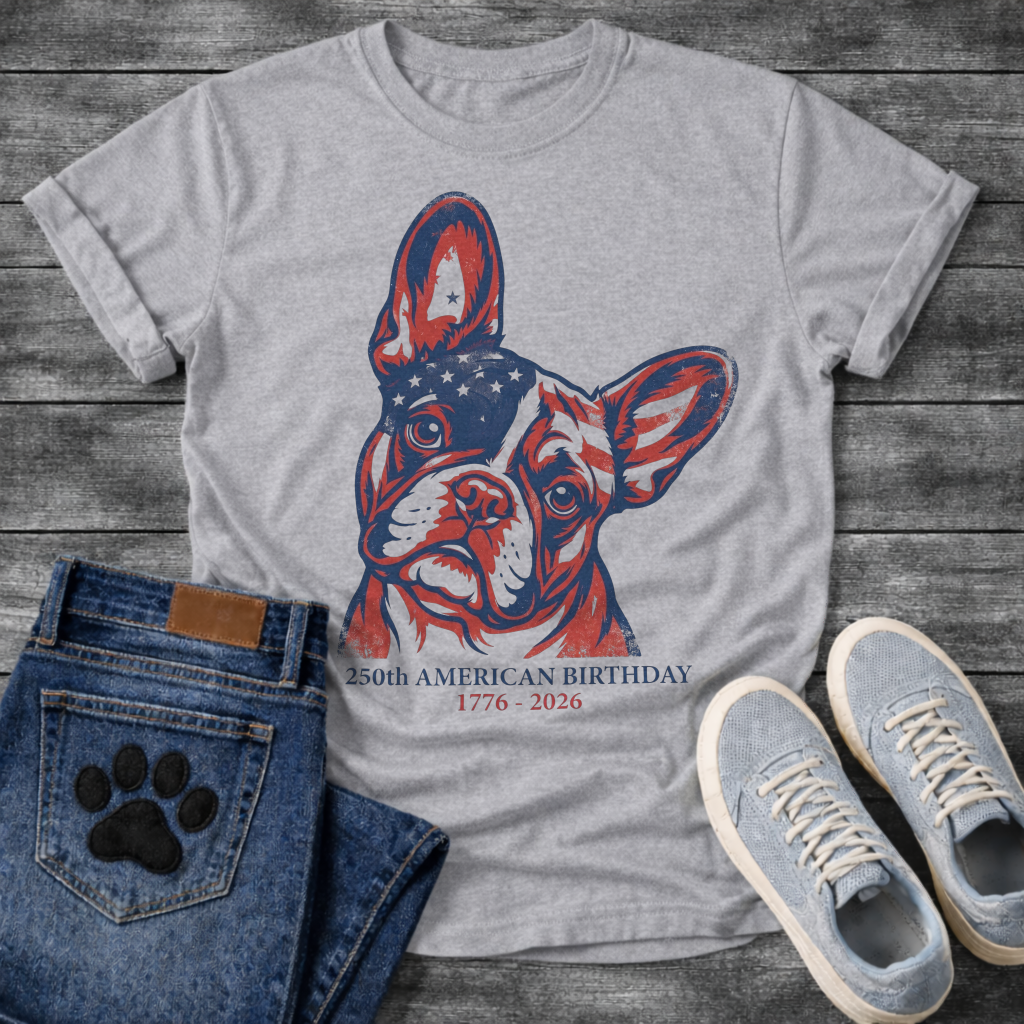 French Bulldog portrait with American flag pattern and 250th American Birthday 1776-2026 typography graphic tee