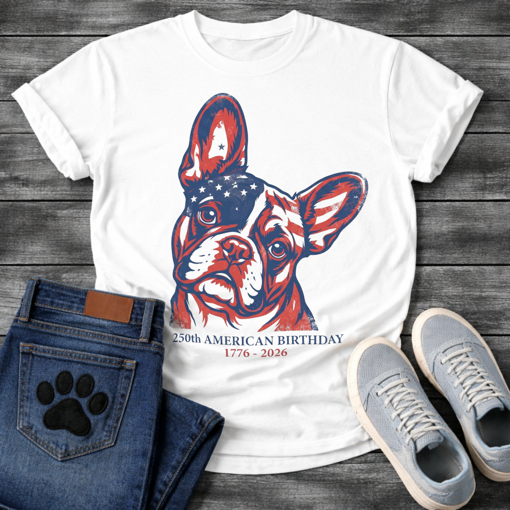 French Bulldog portrait with American flag pattern and 250th American Birthday 1776-2026 typography graphic tee