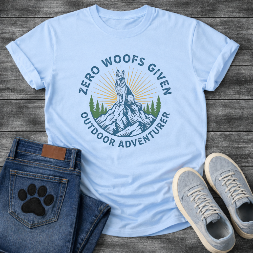 Zero woofs given outdoor adventurer dog shirt with hiking mountains design