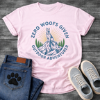 Zero woofs given outdoor adventurer dog shirt with hiking mountains design
