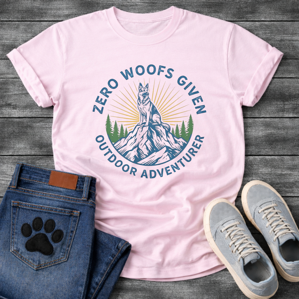 Zero woofs given outdoor adventurer dog shirt with hiking mountains design