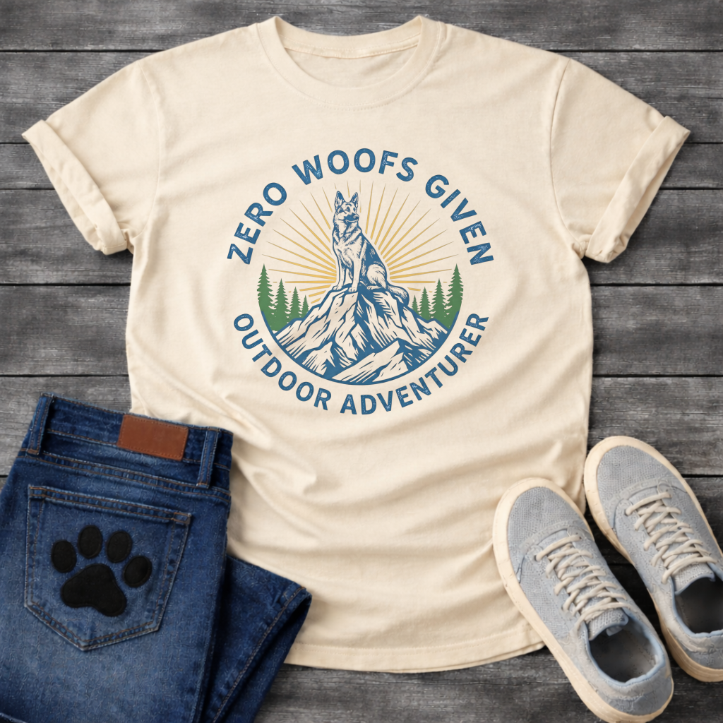 Zero woofs given outdoor adventurer dog shirt with hiking mountains design