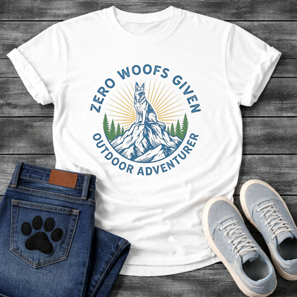 Zero woofs given outdoor adventurer dog shirt with hiking mountains design
