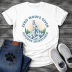Zero woofs given outdoor adventurer dog shirt with hiking mountains design
