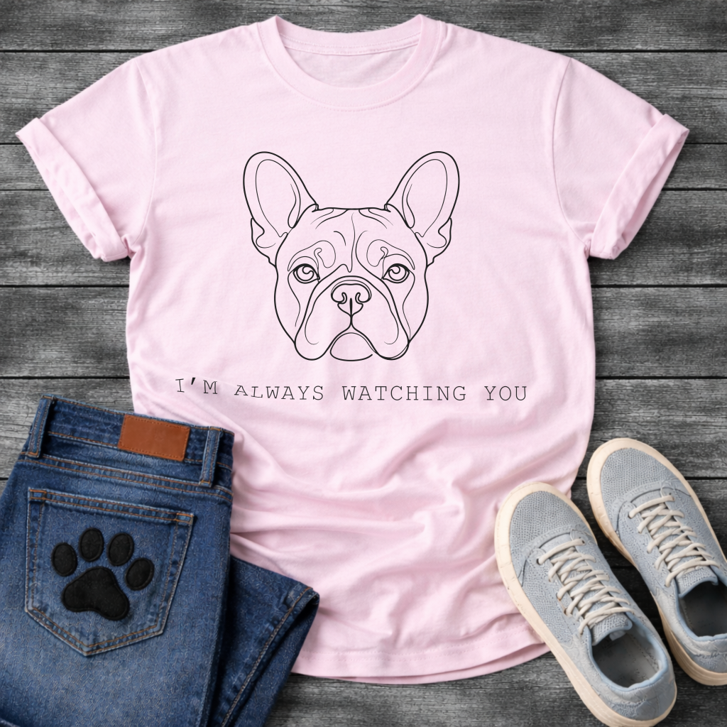 French Bulldog face line art with I'm Always Watching You minimal typography graphic tee
