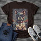 French Bulldog wearing American flag sunglasses with Washington DC skyline fireworks and 250 collar tag graphic tee