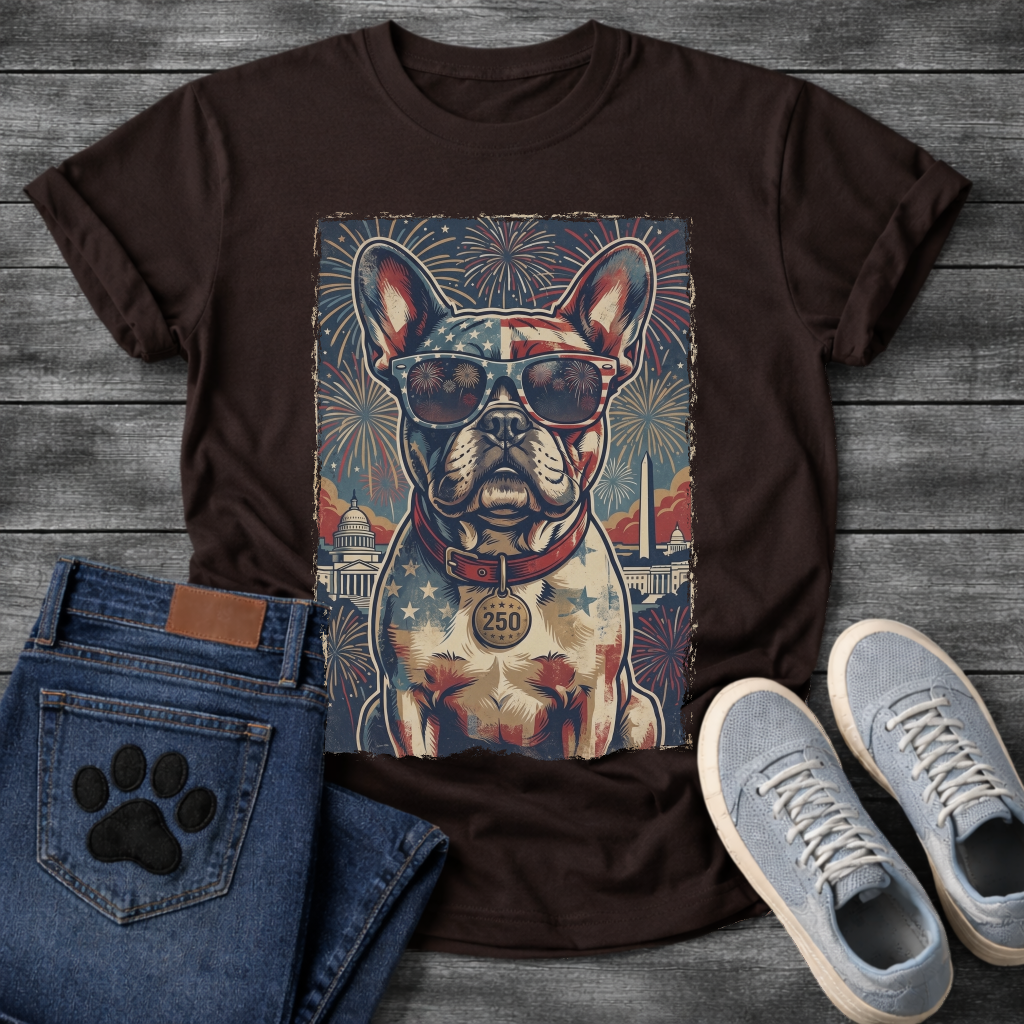 French Bulldog wearing American flag sunglasses with Washington DC skyline fireworks and 250 collar tag graphic tee