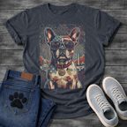 French Bulldog wearing American flag sunglasses with Washington DC skyline fireworks and 250 collar tag graphic tee