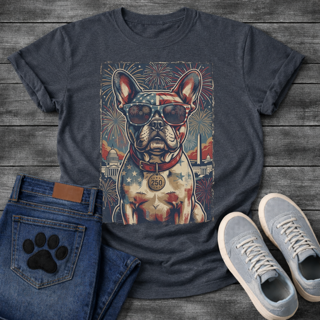 French Bulldog wearing American flag sunglasses with Washington DC skyline fireworks and 250 collar tag graphic tee