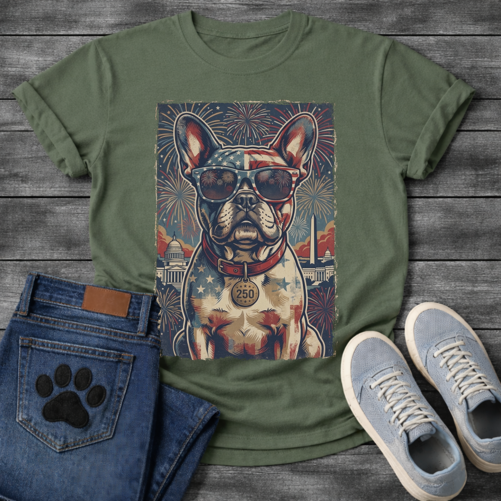 French Bulldog wearing American flag sunglasses with Washington DC skyline fireworks and 250 collar tag graphic tee