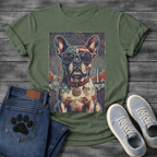 French Bulldog wearing American flag sunglasses with Washington DC skyline fireworks and 250 collar tag graphic tee