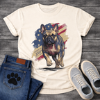 French Bulldog running toward camera with American flag and 250th anniversary 1776-2026 graphic tee
