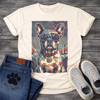 French Bulldog wearing American flag sunglasses with Washington DC skyline fireworks and 250 collar tag graphic tee