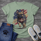 French Bulldog running toward camera with American flag and 250th anniversary 1776-2026 graphic tee
