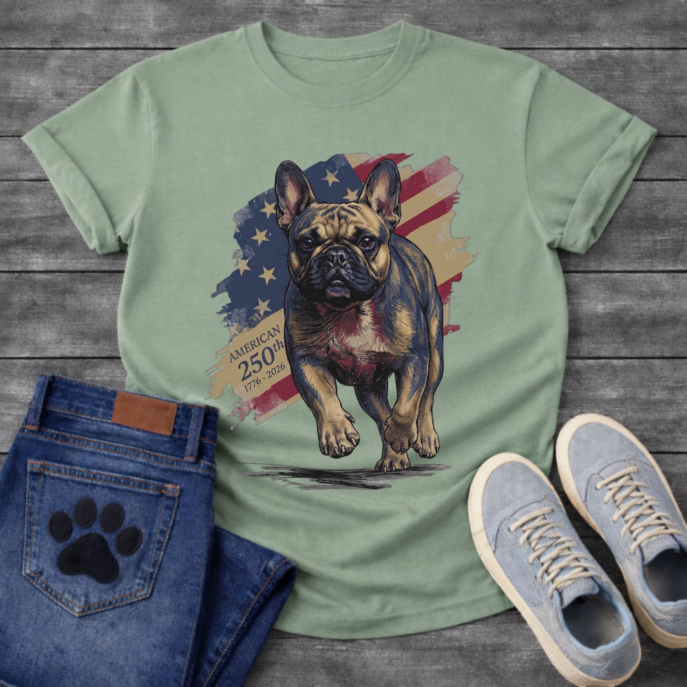 French Bulldog running toward camera with American flag and 250th anniversary 1776-2026 graphic tee
