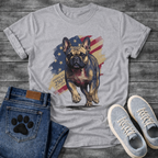 French Bulldog running toward camera with American flag and 250th anniversary 1776-2026 graphic tee
