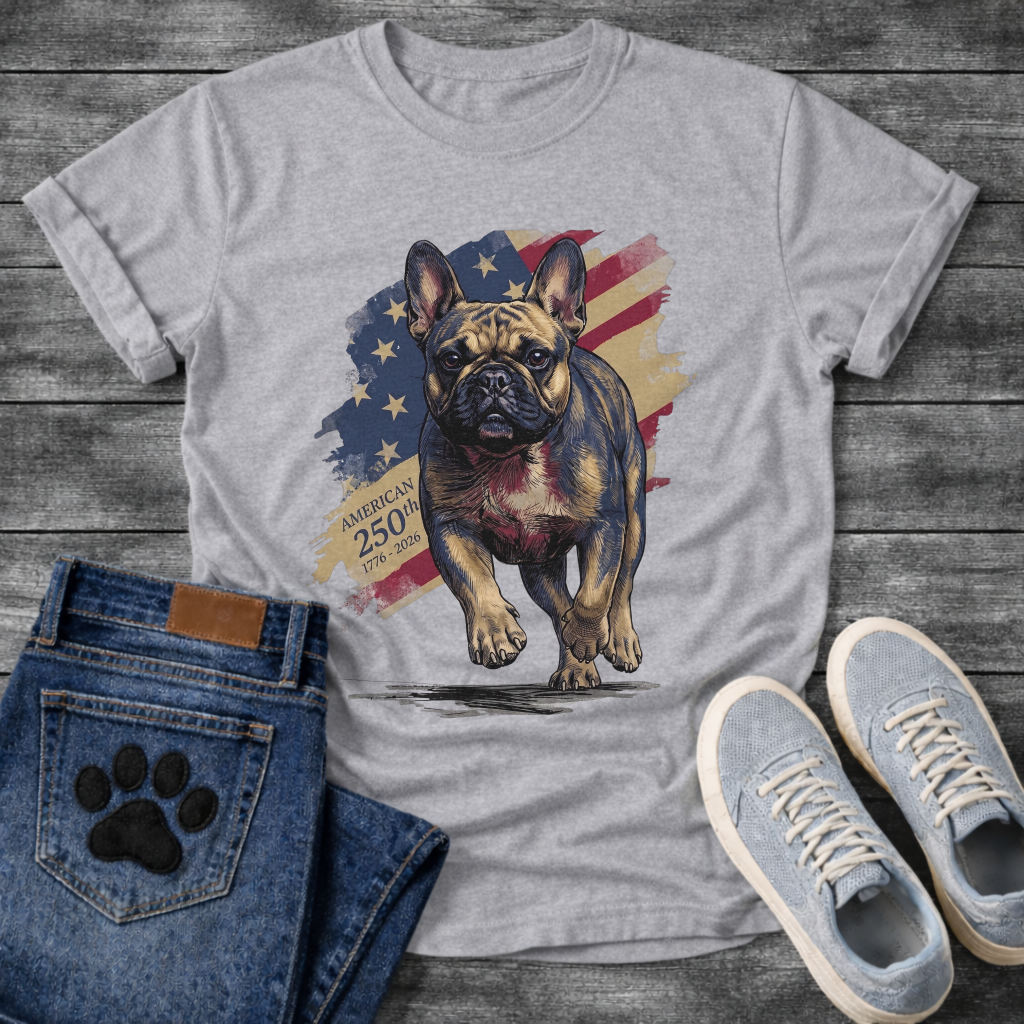 French Bulldog running toward camera with American flag and 250th anniversary 1776-2026 graphic tee
