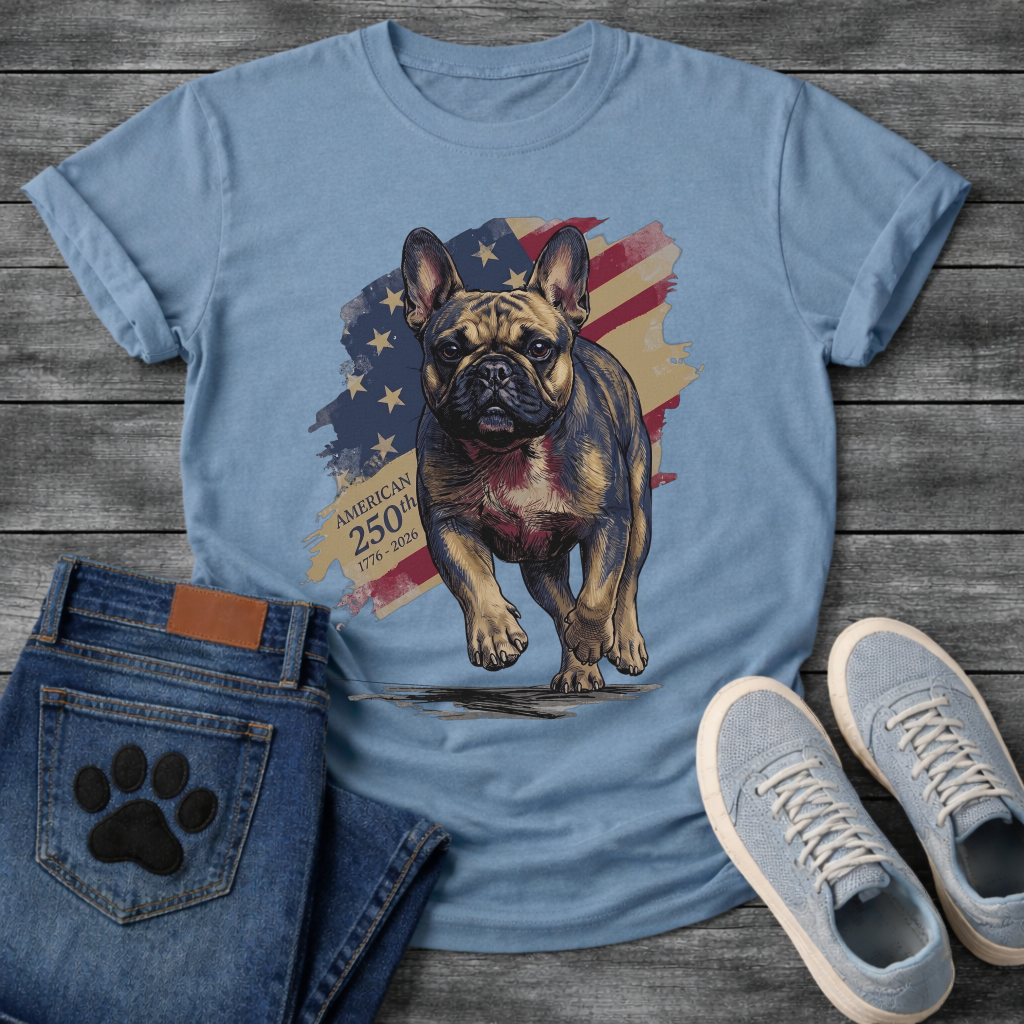 French Bulldog running toward camera with American flag and 250th anniversary 1776-2026 graphic tee
