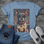 French Bulldog wearing American flag sunglasses with Washington DC skyline fireworks and 250 collar tag graphic tee