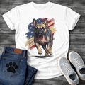 French Bulldog running toward camera with American flag and 250th anniversary 1776-2026 graphic tee
