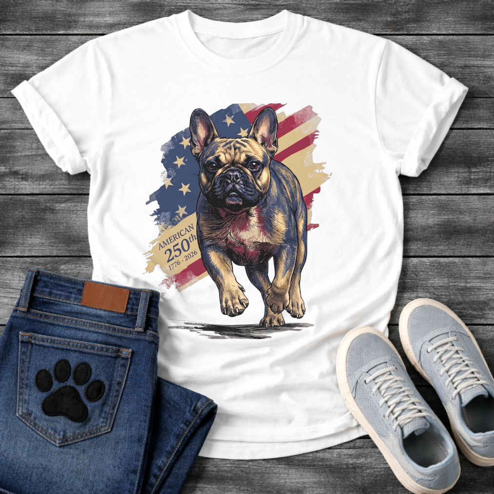 French Bulldog running toward camera with American flag and 250th anniversary 1776-2026 graphic tee
