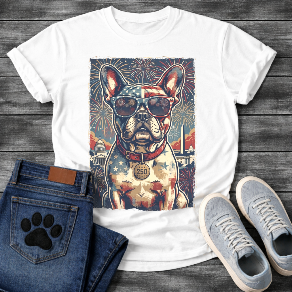 French Bulldog wearing American flag sunglasses with Washington DC skyline fireworks and 250 collar tag graphic tee