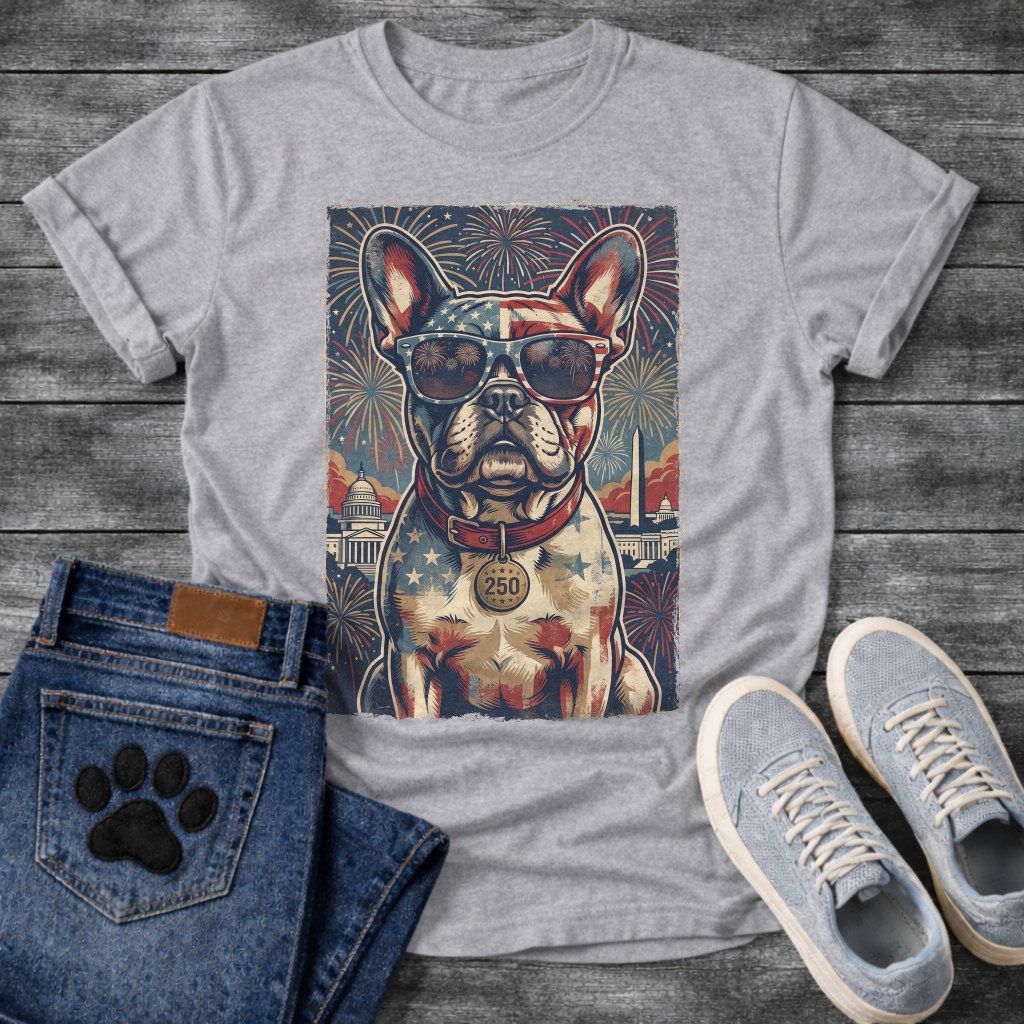 French Bulldog wearing American flag sunglasses with Washington DC skyline fireworks and 250 collar tag graphic tee
