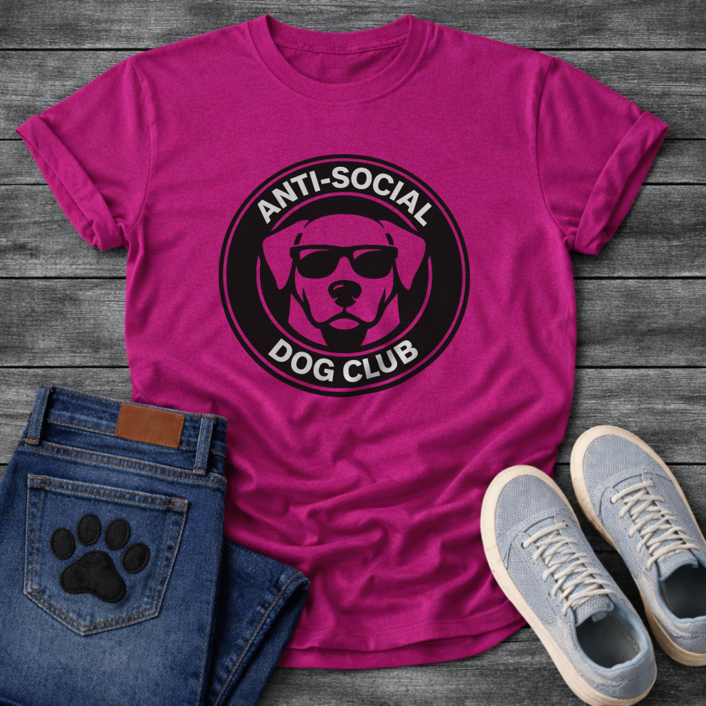 Anti-Social Dog Club funny dog with sunglasses badge shirt
