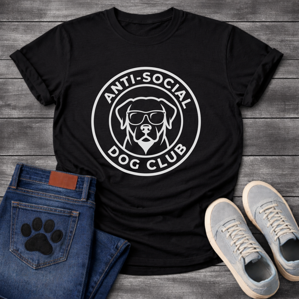 Anti-Social Dog Club funny dog with sunglasses badge T-Shirt