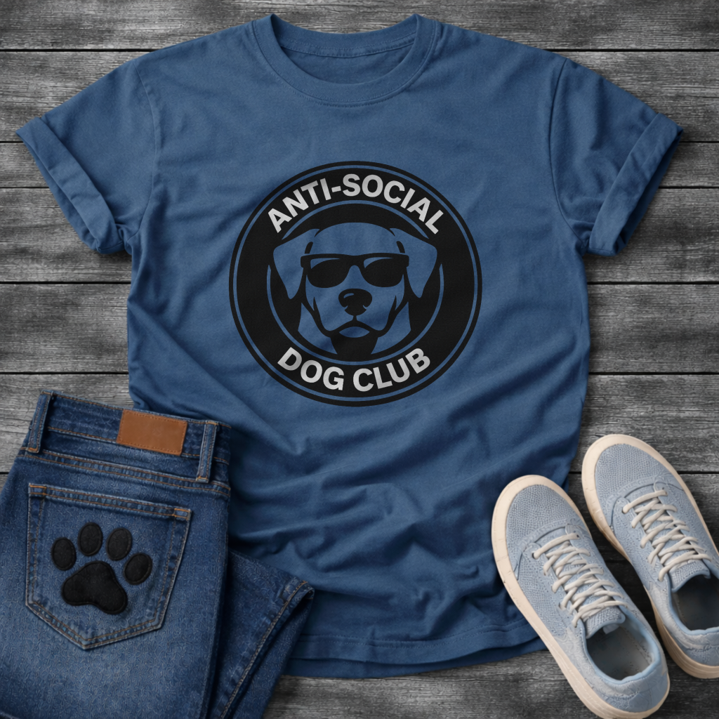 Anti-Social Dog Club funny dog with sunglasses badge shirt
