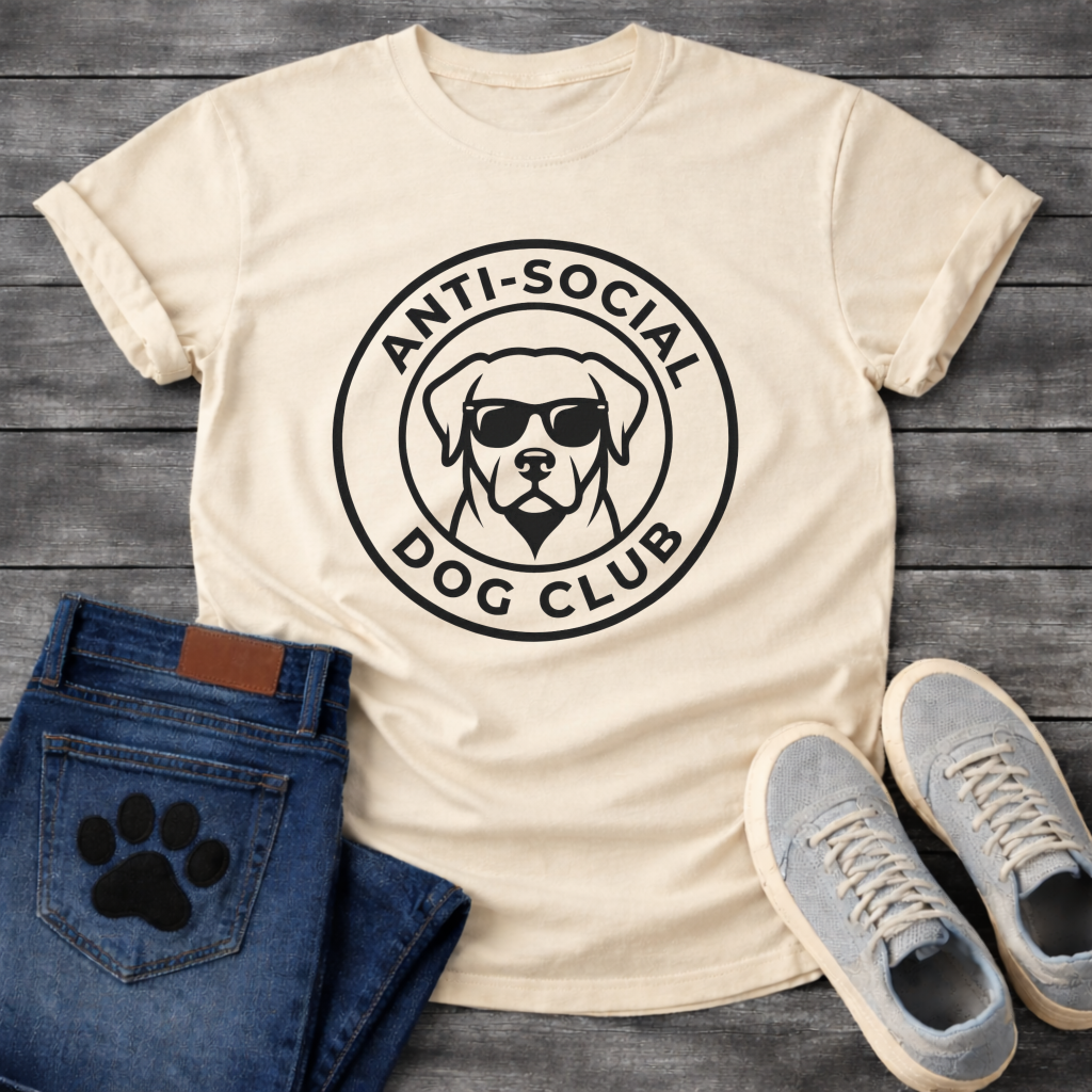 Anti-Social Dog Club funny dog with sunglasses badge T-Shirt