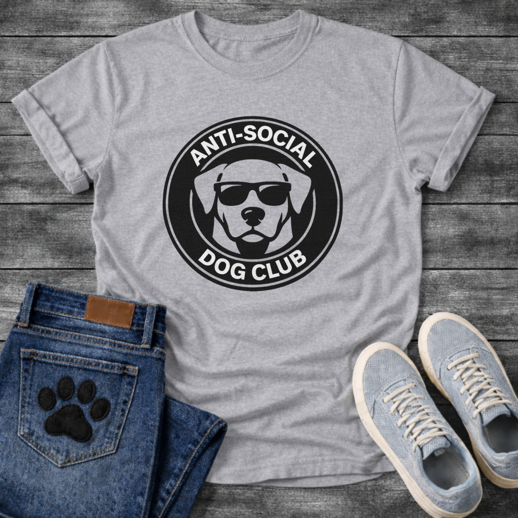 Anti-Social Dog Club funny dog with sunglasses badge shirt