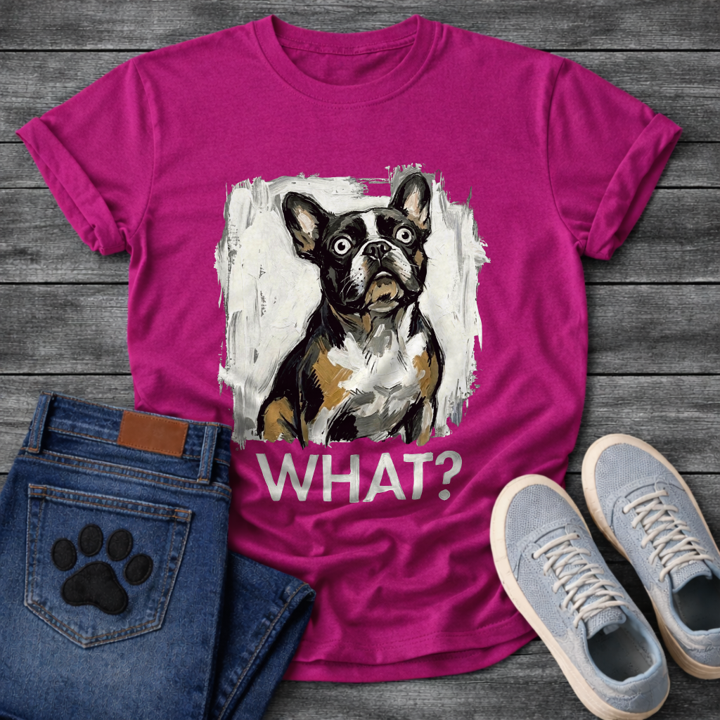 French Bulldog painterly graphic tee with bold WHAT text
