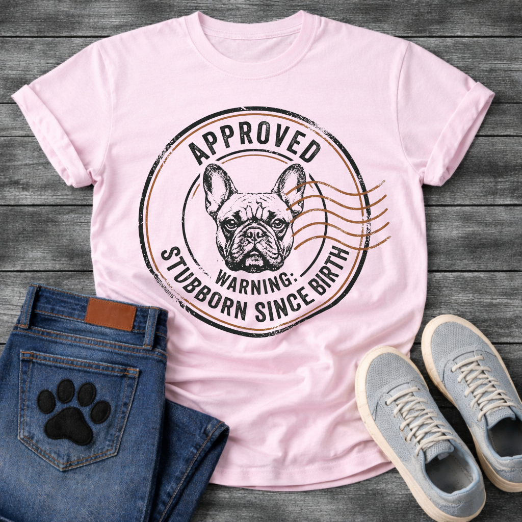 French Bulldog portrait postal stamp badge graphic tee with Approved Warning Stubborn Since Birth typography
