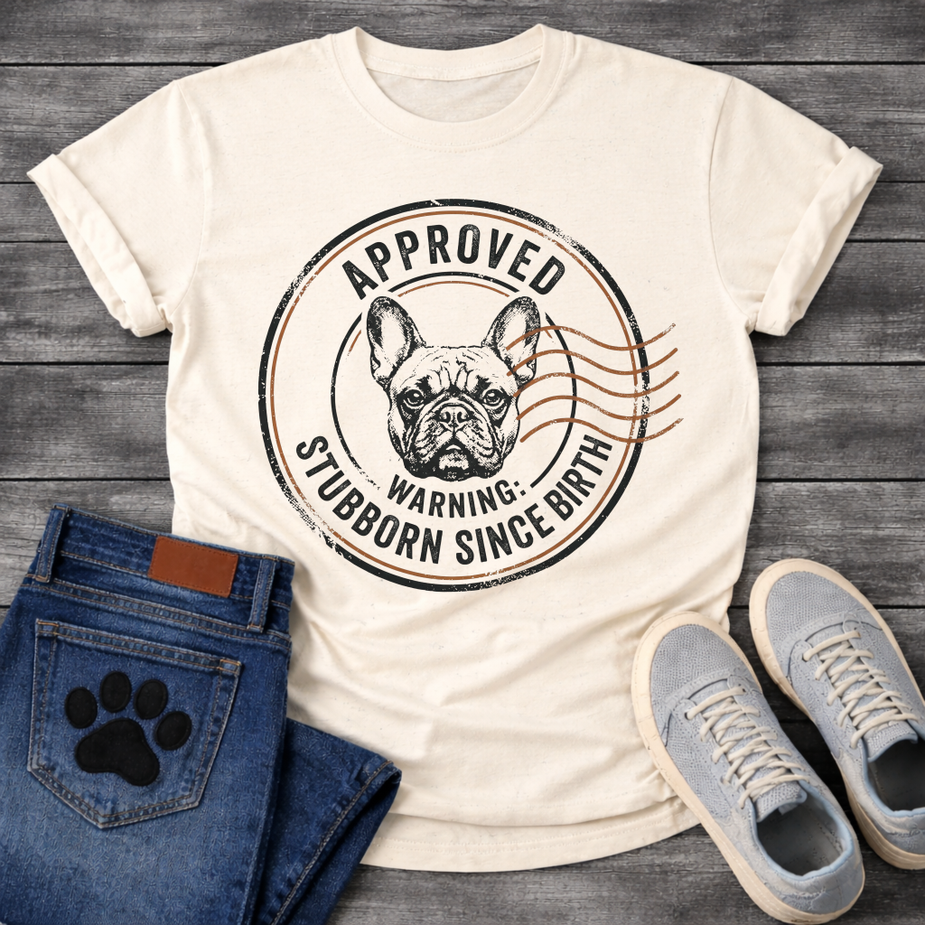 French Bulldog portrait postal stamp badge graphic tee with Approved Warning Stubborn Since Birth typography
