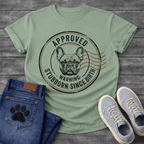 French Bulldog portrait postal stamp badge graphic tee with Approved Warning Stubborn Since Birth typography
