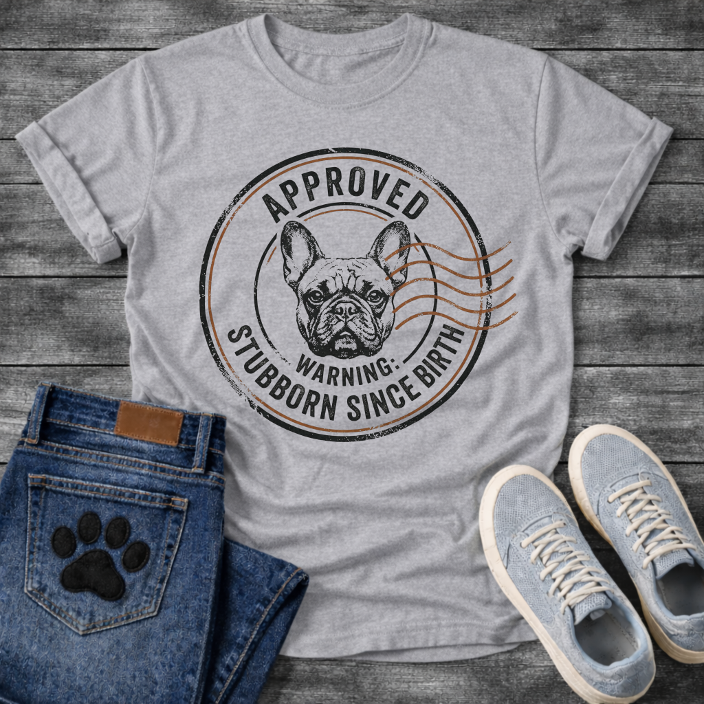 French Bulldog portrait postal stamp badge graphic tee with Approved Warning Stubborn Since Birth typography
