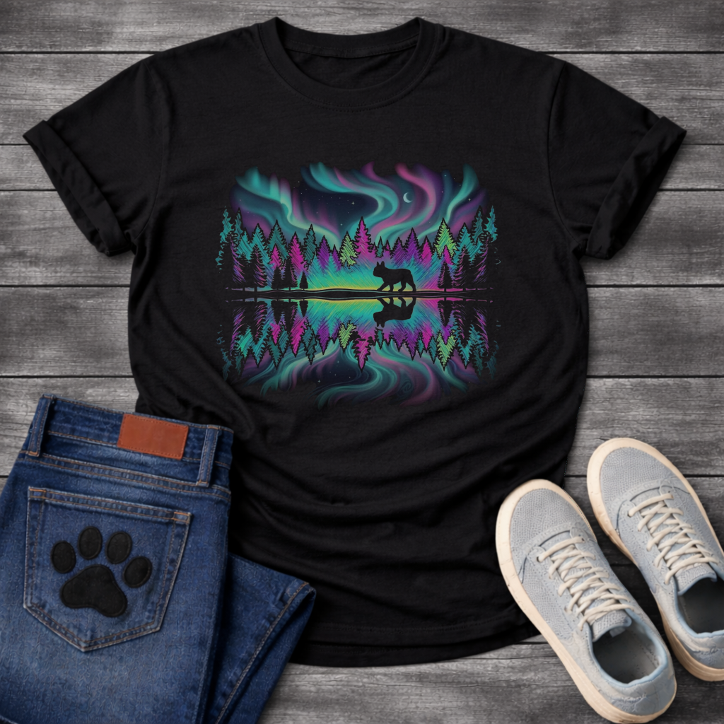 French Bulldog aurora borealis mountain lake walk reflection graphic dog shirt unisex tee