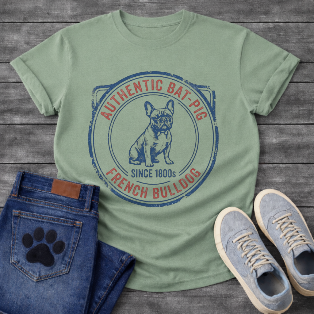 Authentic Bat-Pig French Bulldog funny dog shirt white vintage stamp pet lover tee