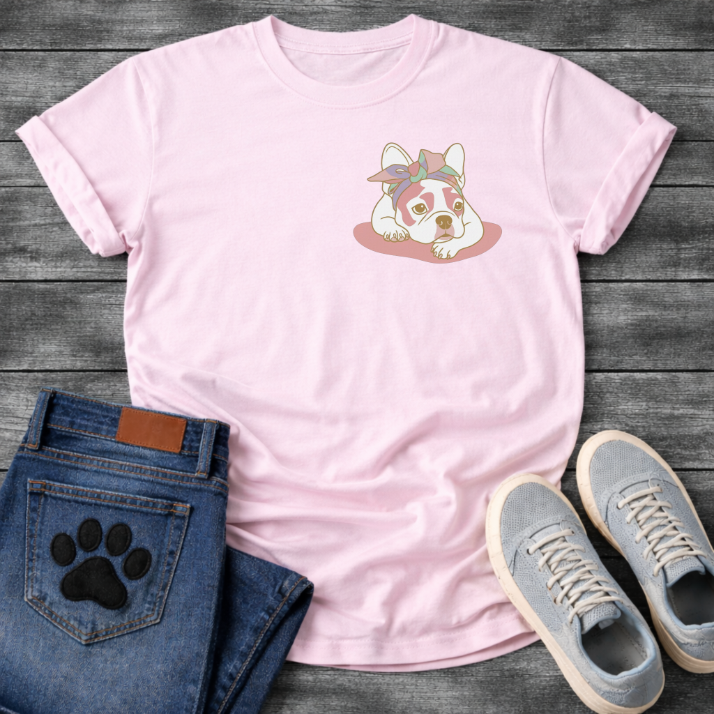 French Bulldog puppy lying down with pastel bandana bow line art pocket graphic tee