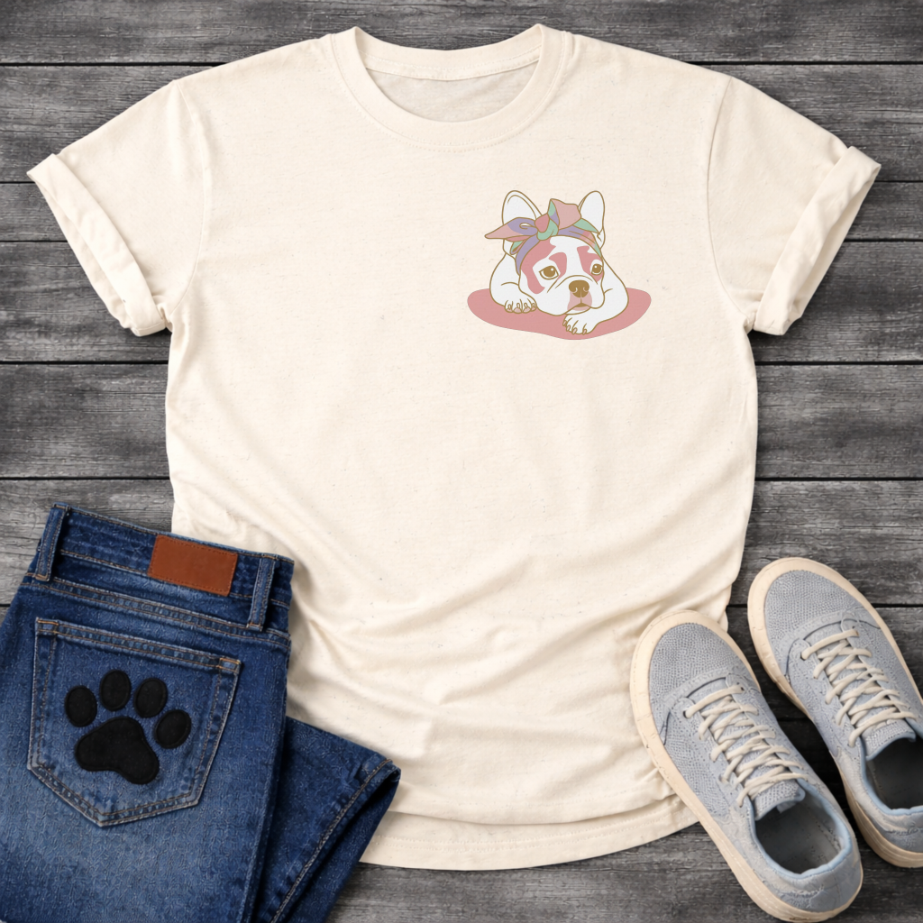 French Bulldog puppy lying down with pastel bandana bow line art pocket graphic tee