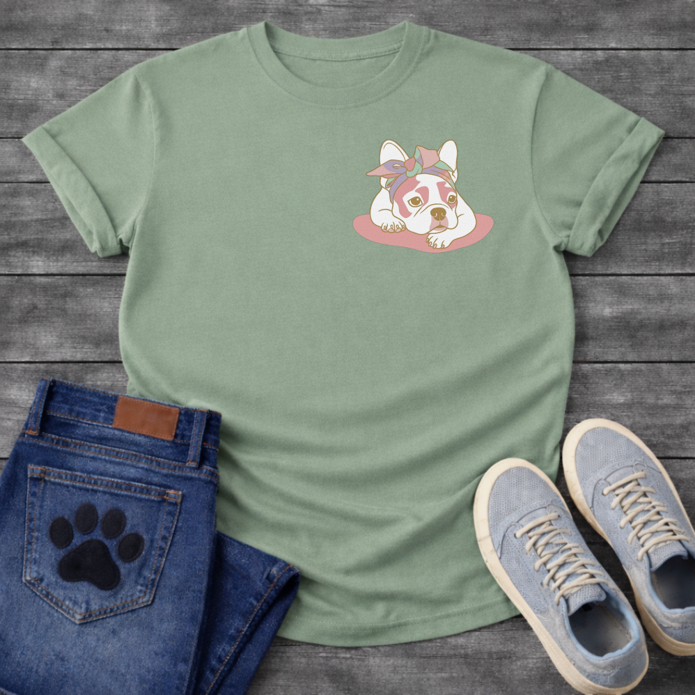 French Bulldog puppy lying down with pastel bandana bow line art pocket graphic tee