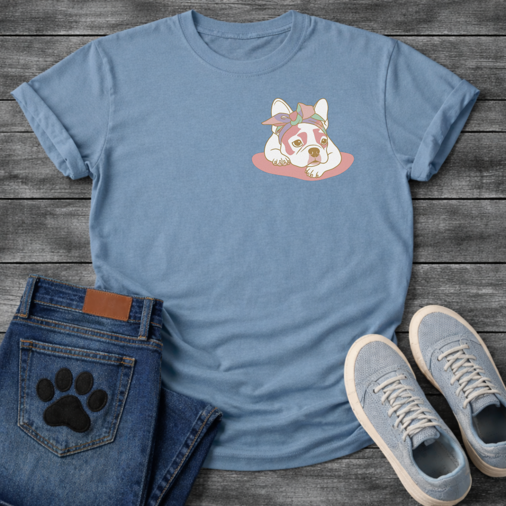 French Bulldog puppy lying down with pastel bandana bow line art pocket graphic tee
